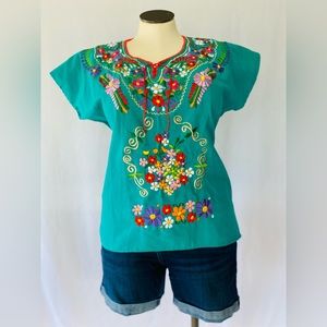 Teal Mexican embroidered blouse